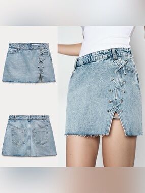 NWT Zara Denim Lace Up Mini Skirt. Size Large